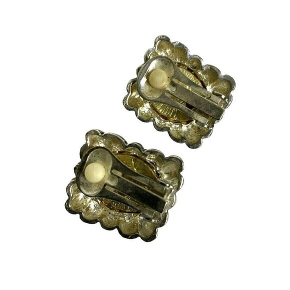 Statement Clip On Earrings Two Tone Metal Amber Cobochon Chunky Rectangle USA - Picture 3 of 4